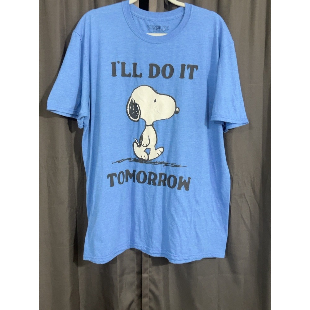 Peanuts Snoopy Mens XL Blue I'll Do It Tomorrow Graphic T Shirt Cartoon Tee